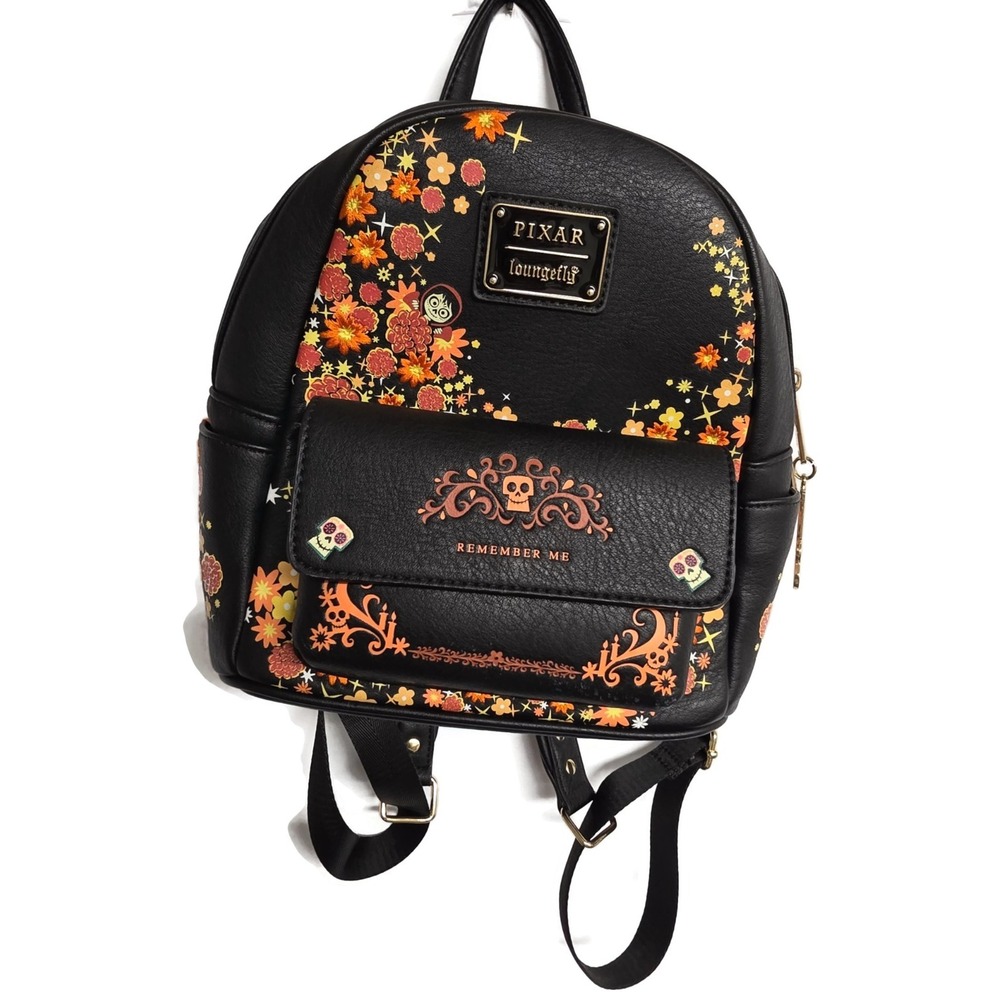 Loungefly Pixar Coco Remember Me Floral Mini Backpack Black, Zip, Pockets